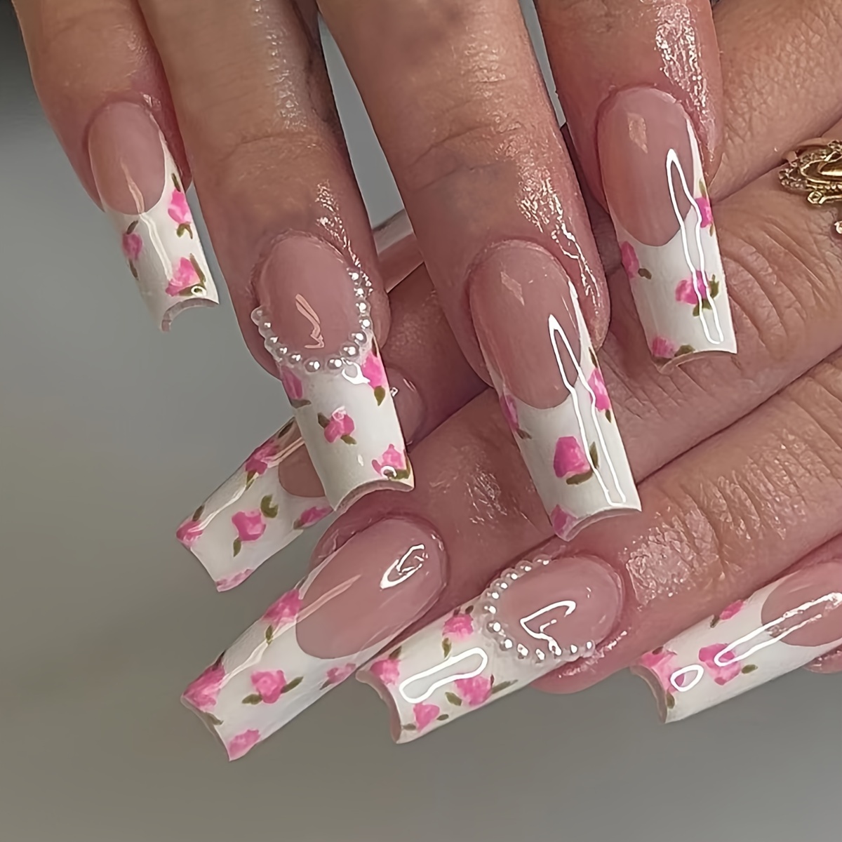 

Elegant 24pcs Long Square Press-on Nails Set - White French Tips With Pink Floral & Pearl Accents, Includes Jelly Adhesive & Nail File