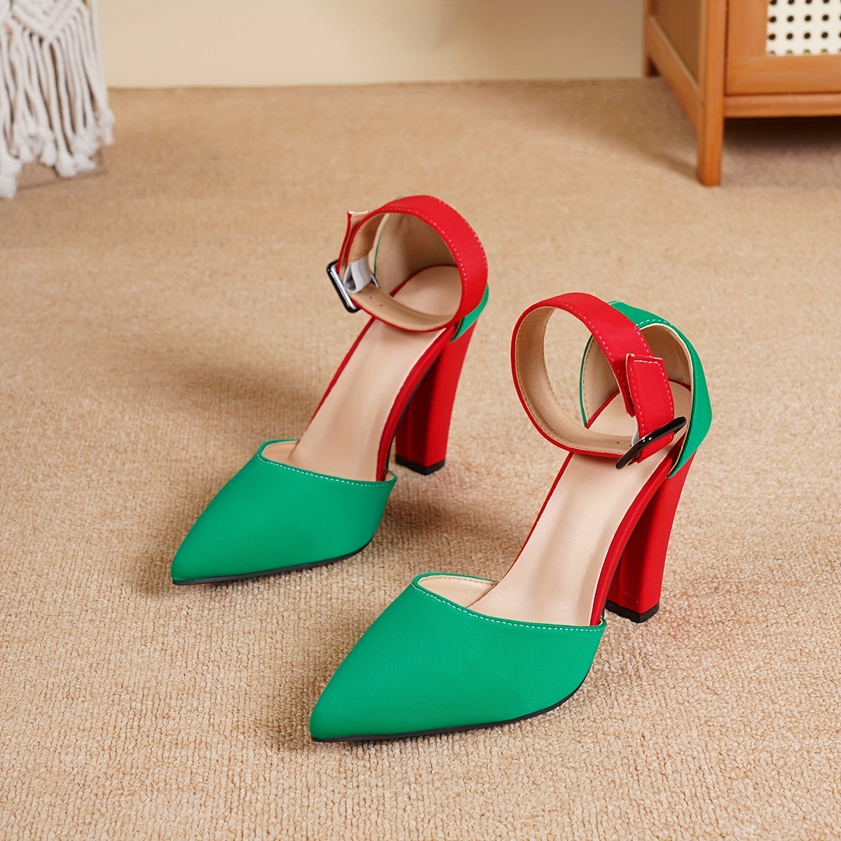 Elegant French-Inspired Women'S High Heels - Pointed Toe, Red & Green Color Block, Ankle Strap with Buckle, Block Heel for Dresses, Formal Footwear | Color Block Heels | Synthetic Cover Insole