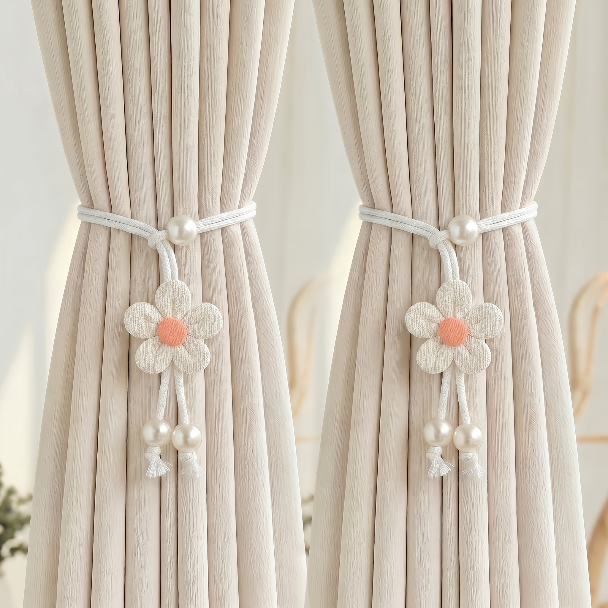 TEMU 2pcs - Petits Attaches de Rideaux Floraux Élégantes et Ajustables, Décorations en Perles, Ajouts de Rideaux Ménagers Durables et Élégants,