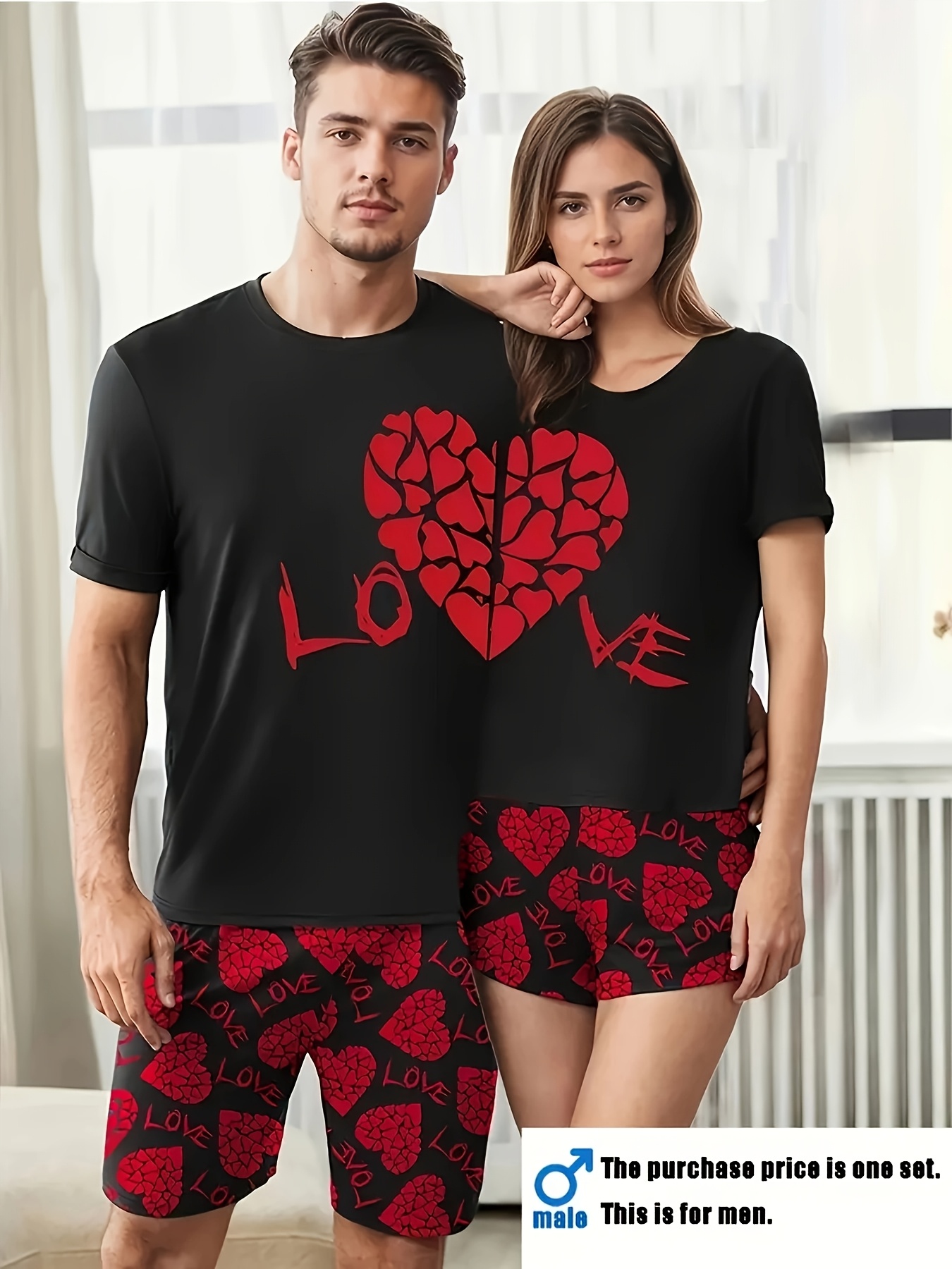 Price for One Set Couple's Men or Women's Heart Letter Print Short Sleeve + Shorts Suit