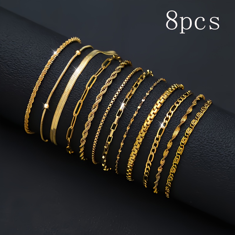E-shop 8-teiliges Edelstahl Armband Set, Unisex Mode Hip-Hop Stil Edelstahl Kubanische Schlaufe Mehrschichtiges Armband Set. Hohe Qualität, zum Freien