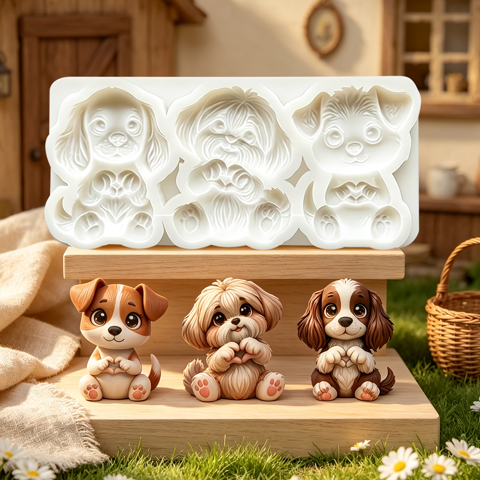 TEMU 1pc Sitting Heart-shaped Puppy Chocolate Cake Decoration Fondant Mold, Pet Dog Candy Silicone Mold, Easy To Demold And Reusable, For Making