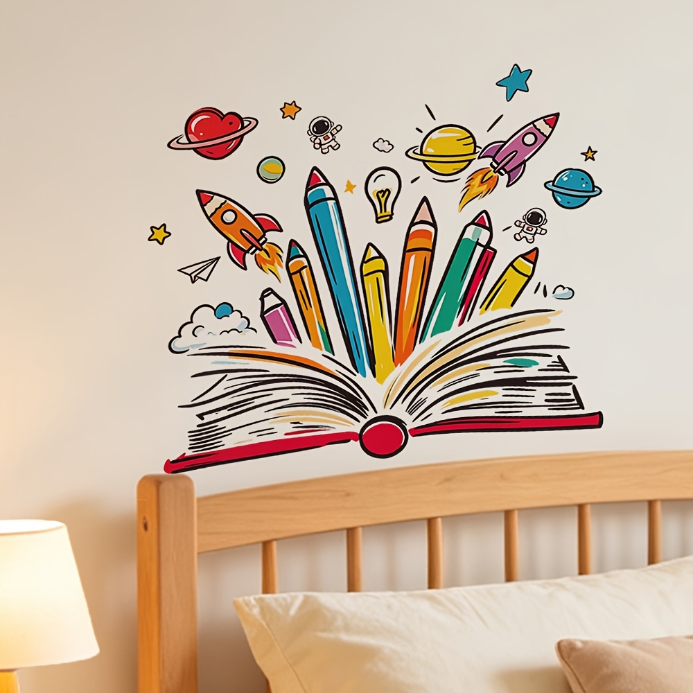 TEMU 1 adesivo da parete con penna colorata a forma di libro dei animati, spaziale, astronauta, pianeta, stella, per studio, aula, murale autoadesivo