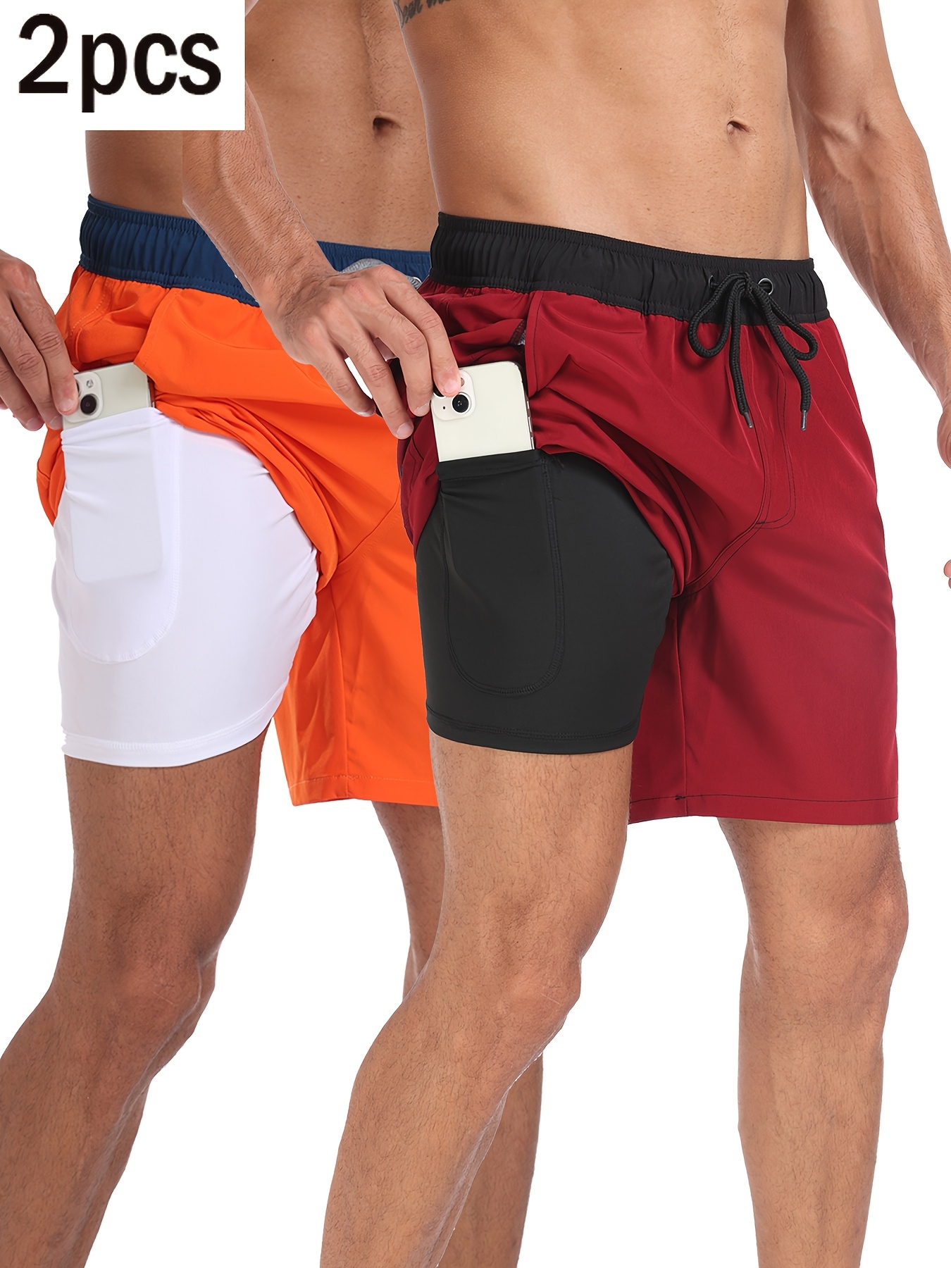 Set of 2 Men'S Casual Sports Shorts, Solid Color Double-Layer Beach Shorts for Fitness, Basketball, And Volleyball