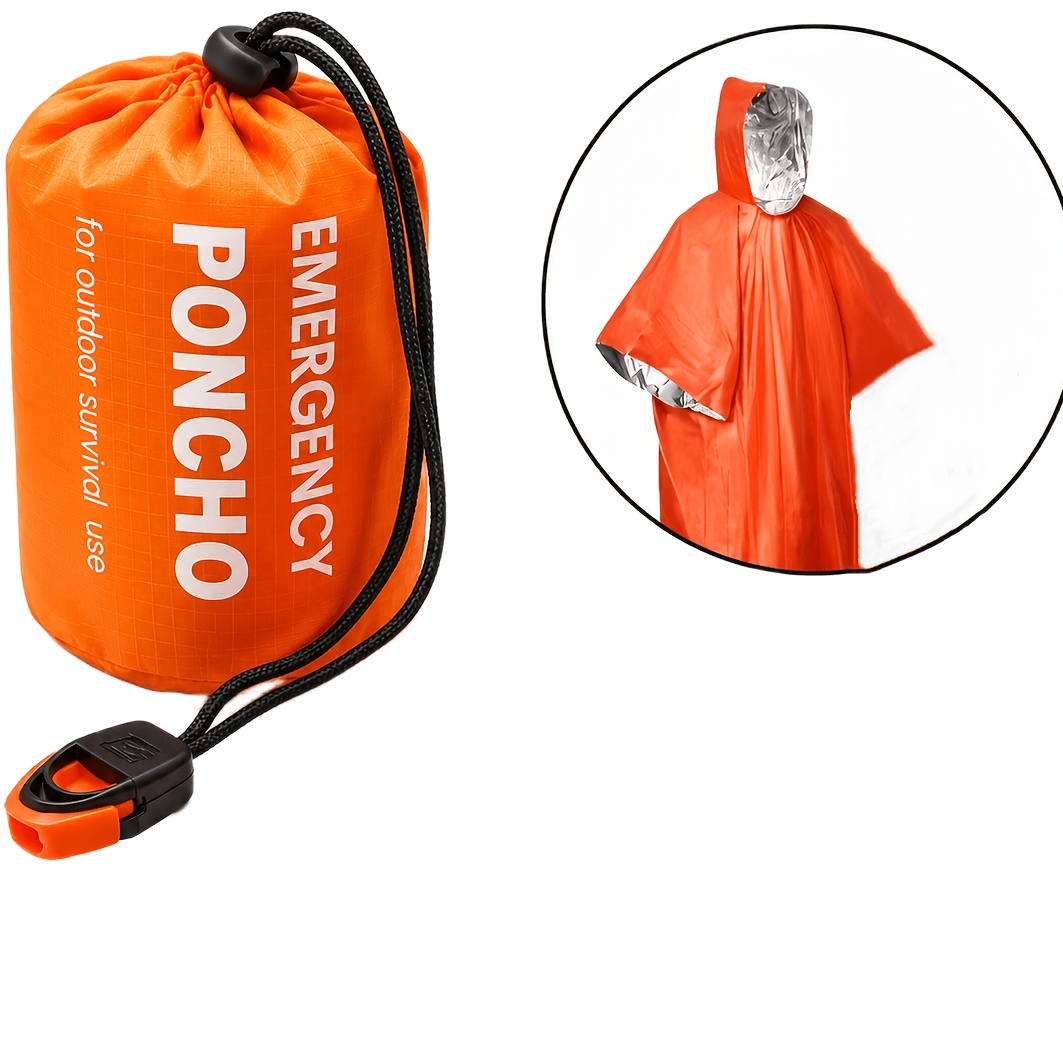 TEMU Poncho d'urgence réutilisable, 1 pièce : Imperméable + Sac de rangement avec sifflet, Vêtement de pluie avec sac à cordon de serrage et sifflet,