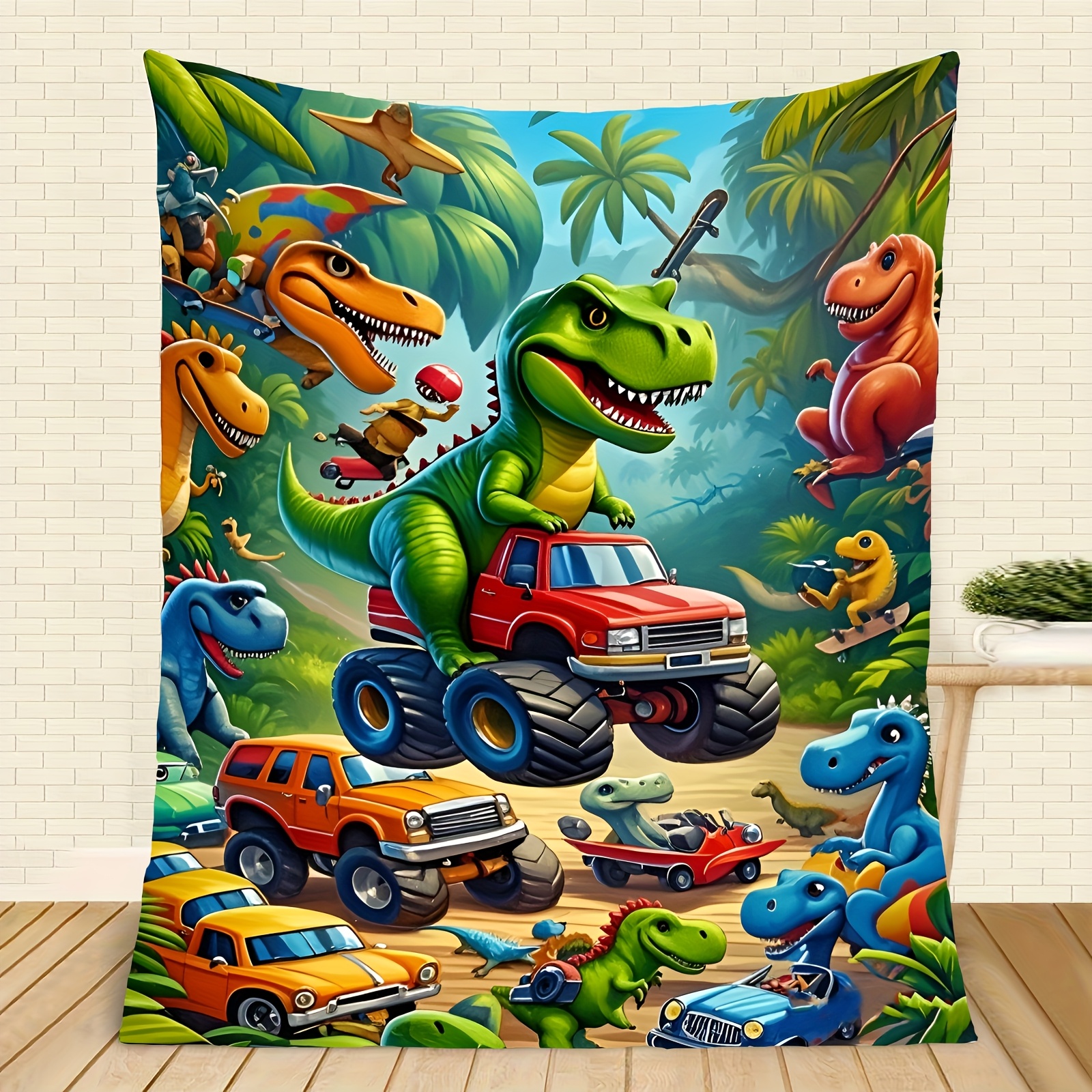 TEMU Vibrant Cartoon Dinosaur Design, Comfortable Dinosaur Truck Flange Velvet Blanket, Napping, Car Seats, And All Season 280gsm