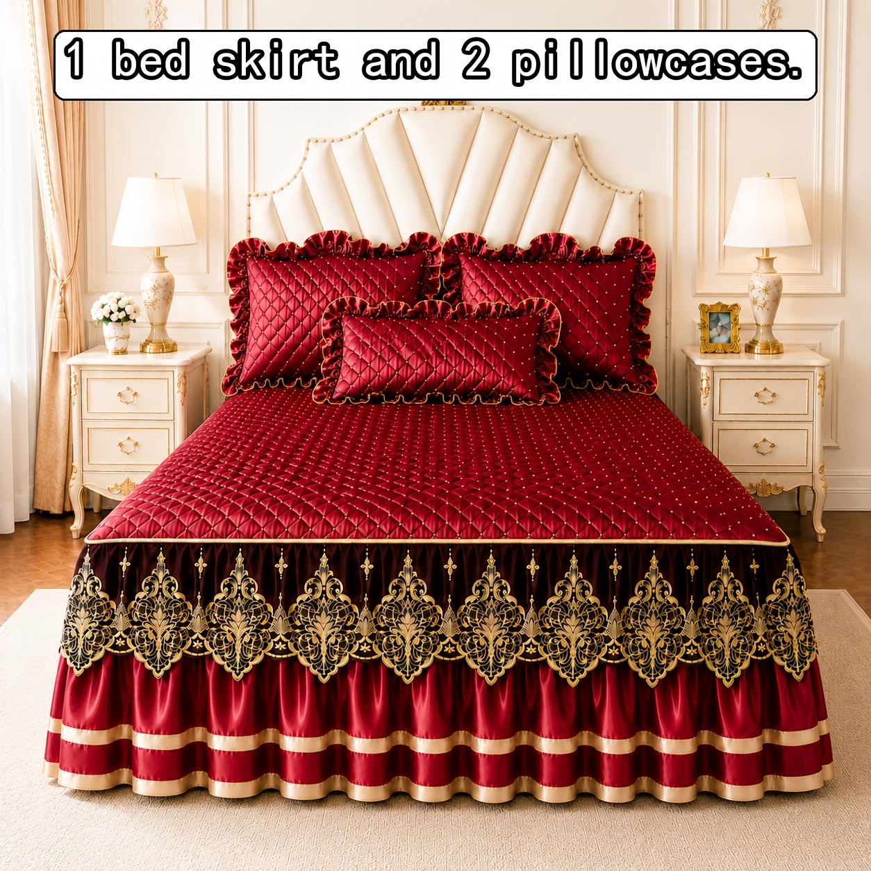 TEMU 3pcs Bed Skirt Quilted Thickened Fabric Smooth Lace Decoration Includes [1pc Bed Skirt And 2pcs Pillowcases], Pillows Not Included, Lace,