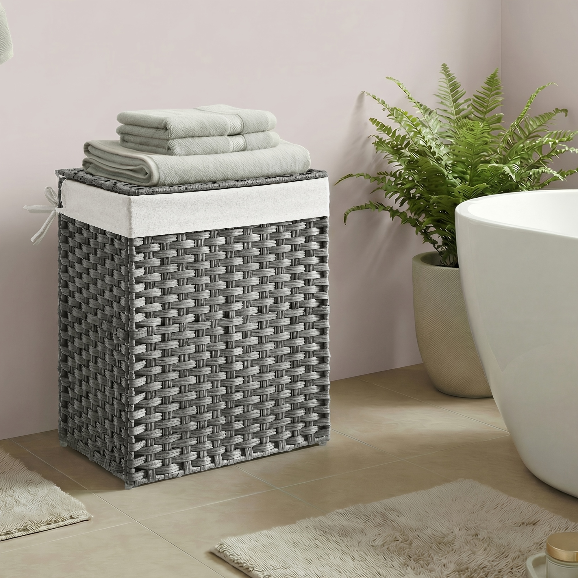 TEMU Panier à linge avec couvercle, 23,8 gallons (90L), panier à vêtements en rotin synthétique avec couvercle et poignées, pliable, doublure