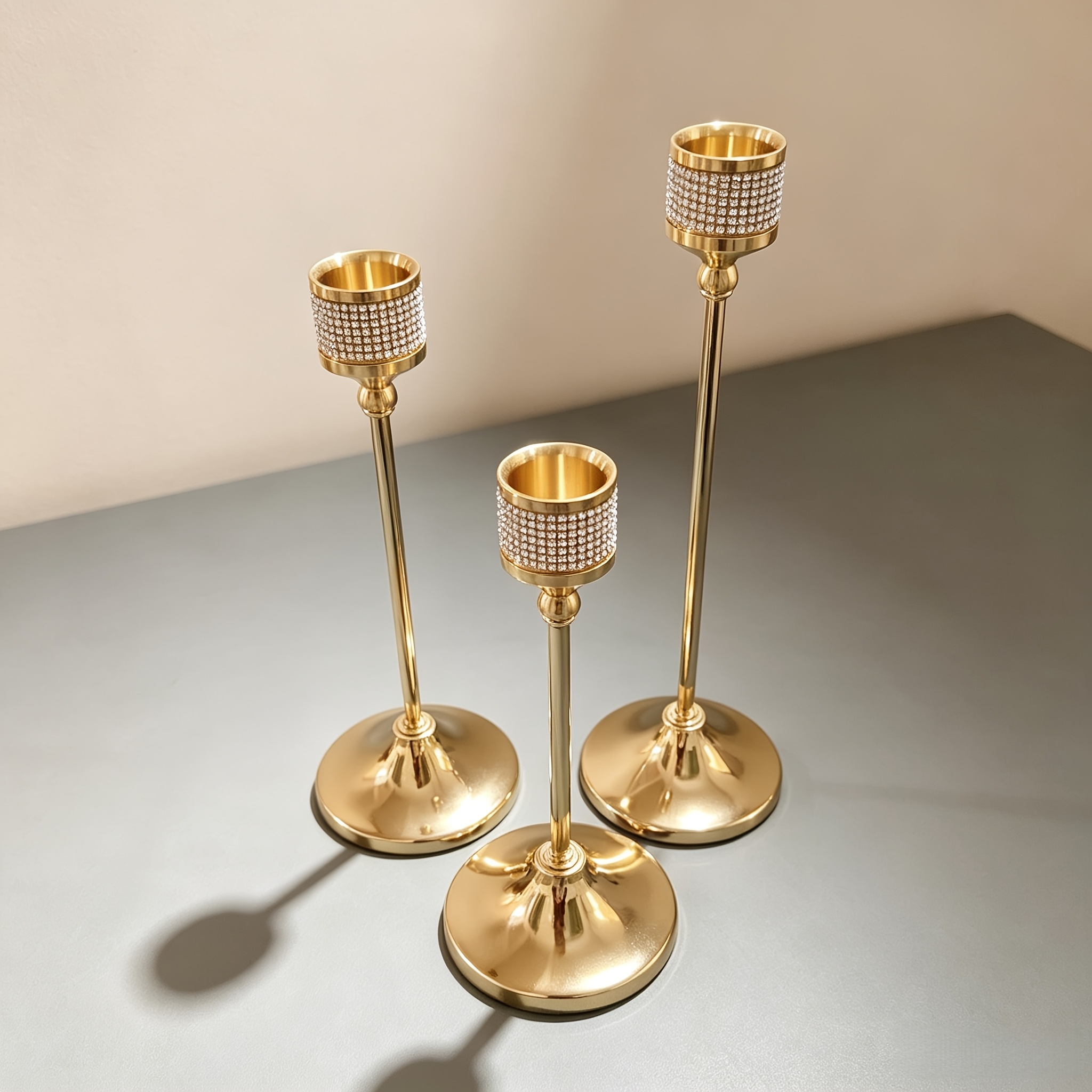 TEMU 3pcs Light Golden Diamond-encrusted Candle Holders, An Overall , Elegant, Warm, And Sophisticated Home Ambiance. Used For Dining Tables, Living