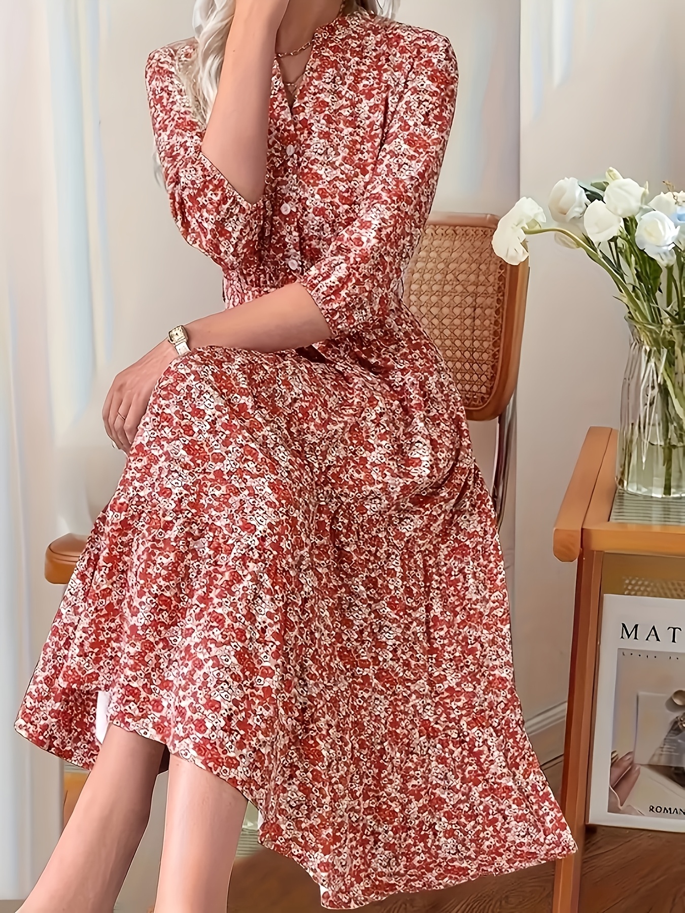 womens floral print peplum dress red white flowers v neck - Temu Oman