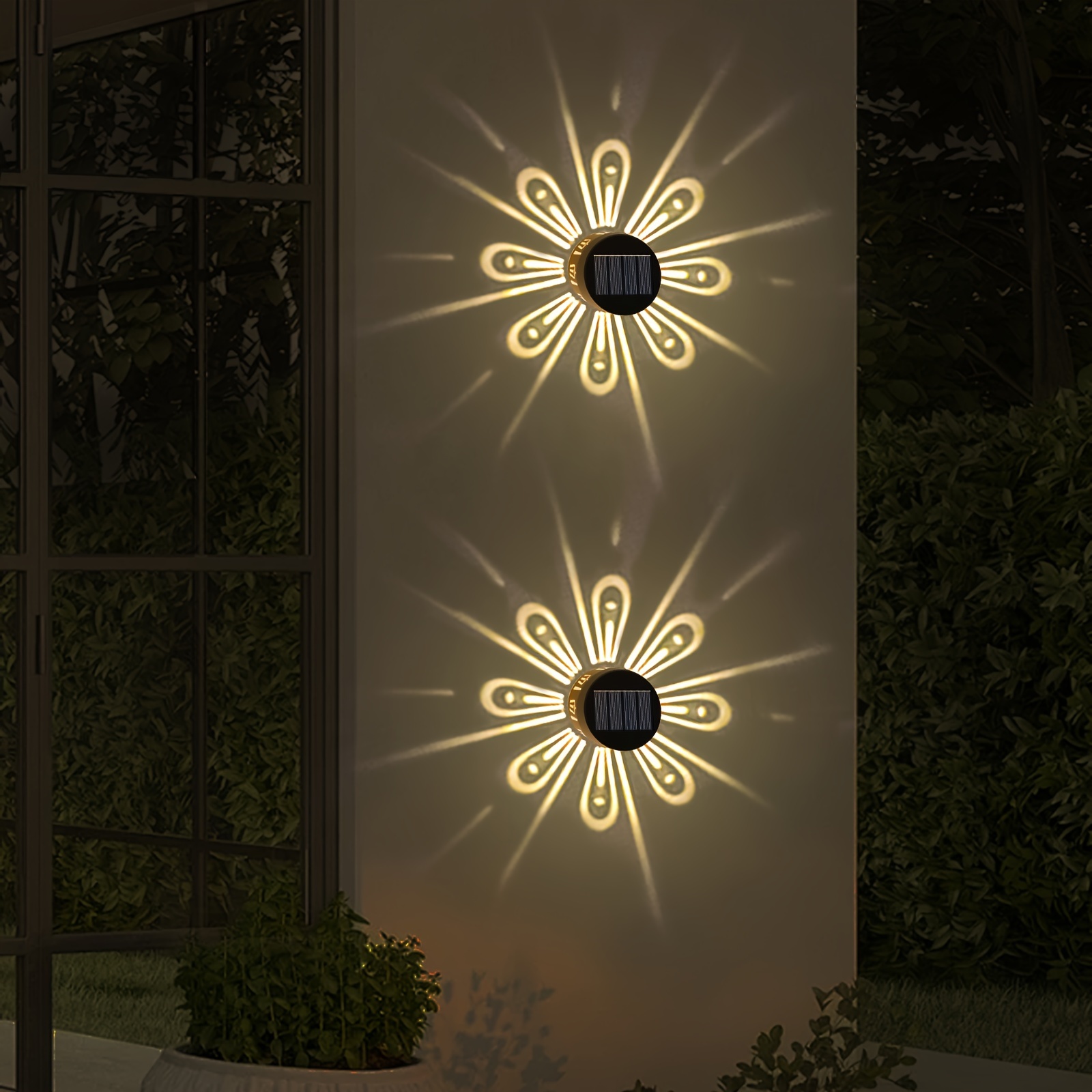 

2 Solar Wall Lights, Solar Outdoor Fence Lights, Suitable For Porch Deck Fence Courtyard Front Door Stairs Warm White Decoration Lighting From Dusk To Dawn.