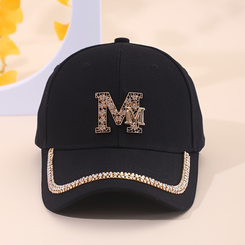 

1pc Unisex All-season Rhinestone Baseball Cap, Embellished Monogram "m" Cool Classic Casual Fashion Black Hiphop Cap, Adjustable Hat, For Women And Men