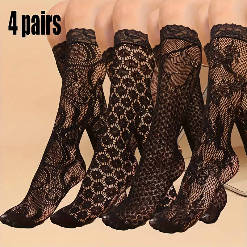 TEMU 4 Pairs Of Women's Lace Stockings, New Fashionable Mid-calf Socks For Women, Lace Mid-calf Socks, Hollow-out Calf Socks