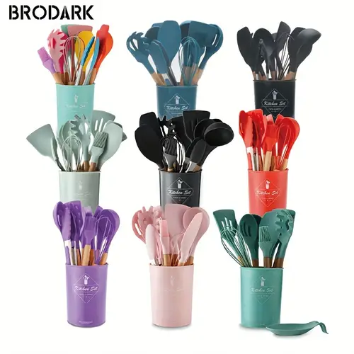 12pcs set silicone kitchen utensils set with large storage bucket non stick cooking tools set multipurpose kitchenware heat resistant cookware dishwasher safe kitchen supplies kitchen gadgets