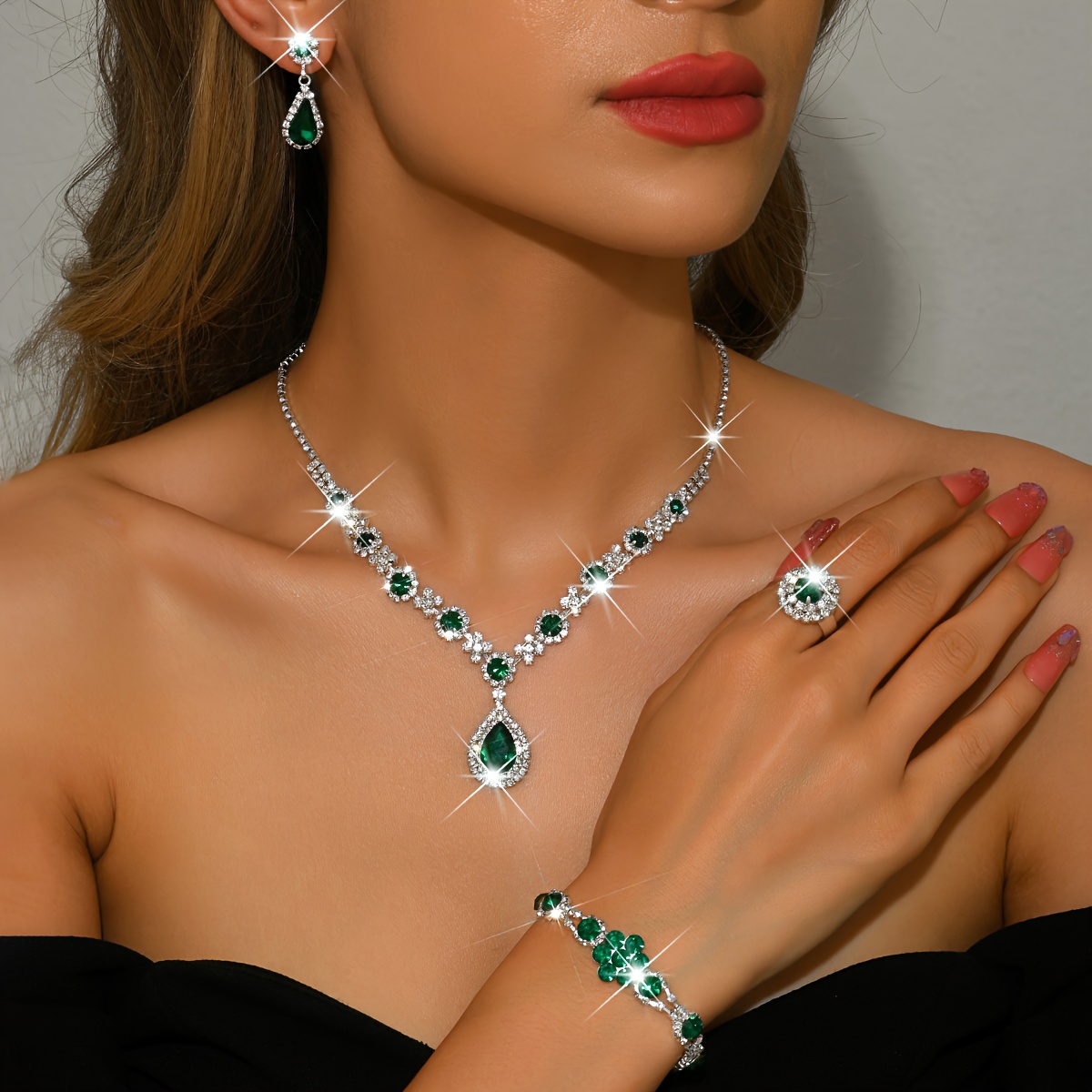 TEMU 4pcs Set: Necklace + Earrings + Bracelet + Ring. Stun With This Luxurious Teardrop Gemstone Set. High-end Party And Ball Jewelry That Instantly