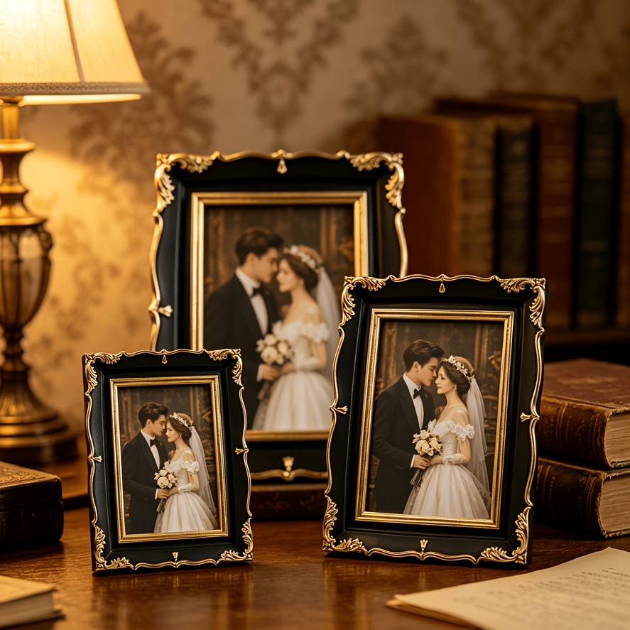 1pc Vintage-Style, Ornate Photo Frames in vintage Golden And Black for Home Décor, Showcasing Wedding Photos, Family Portraits, And Art Prints