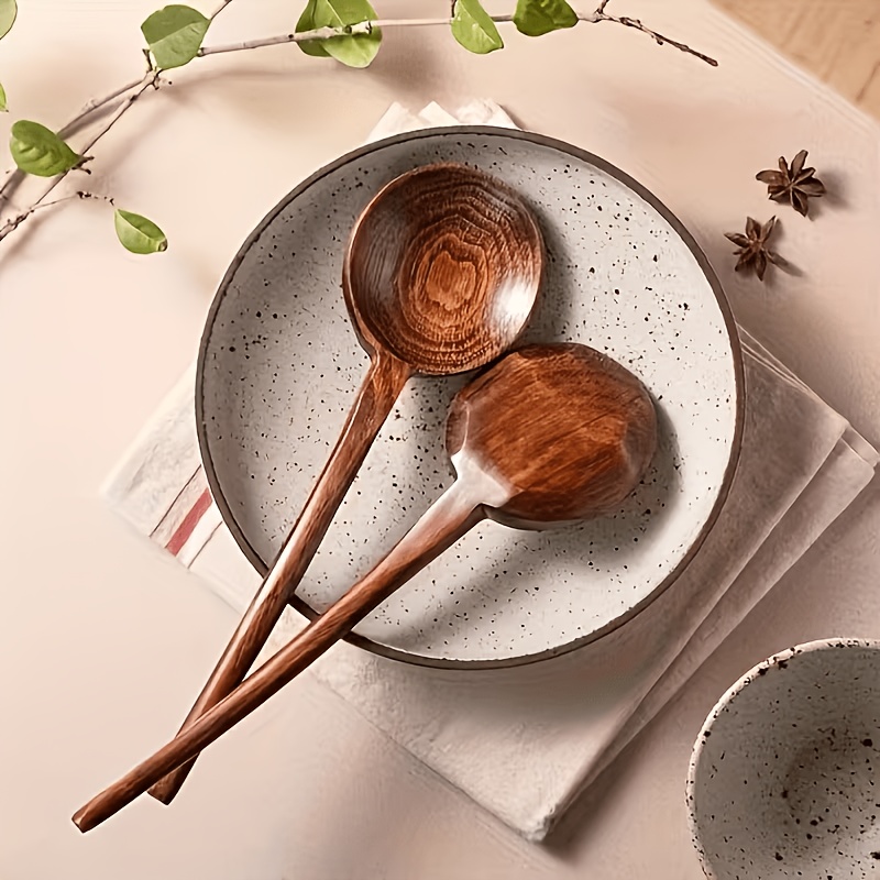 TEMU 2pcs Large Serving Spoons, Wooden Soup Ladles - Durable Cooking Utensils, Suitable For Soup, Noodles, Stir-frying, Baking - Non-porous Surface,