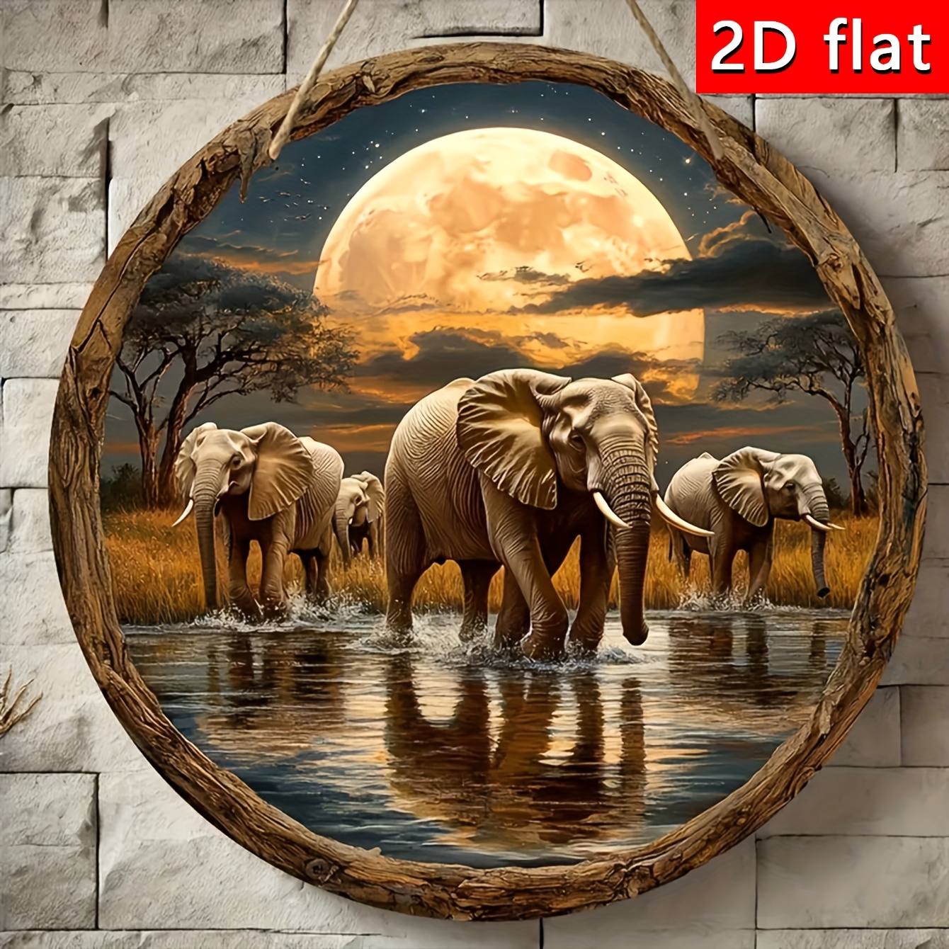 E-shop 2D Flach, . Böhmische Elefanten Wandkunst - 8X8 Zoll Runde Holz Wanddeko mit 2D Elefanten Druck, Afrikanische Sonnenuntergang , Kein Benötigt,