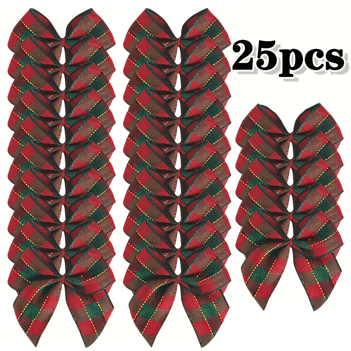 TEMU 25 mini nœuds de Noël à - Rouge, vert, nœuds de packaging cadeau à carreaux dorés avec bords blancs, tous, adaptés aux cadeaux, artisanat,