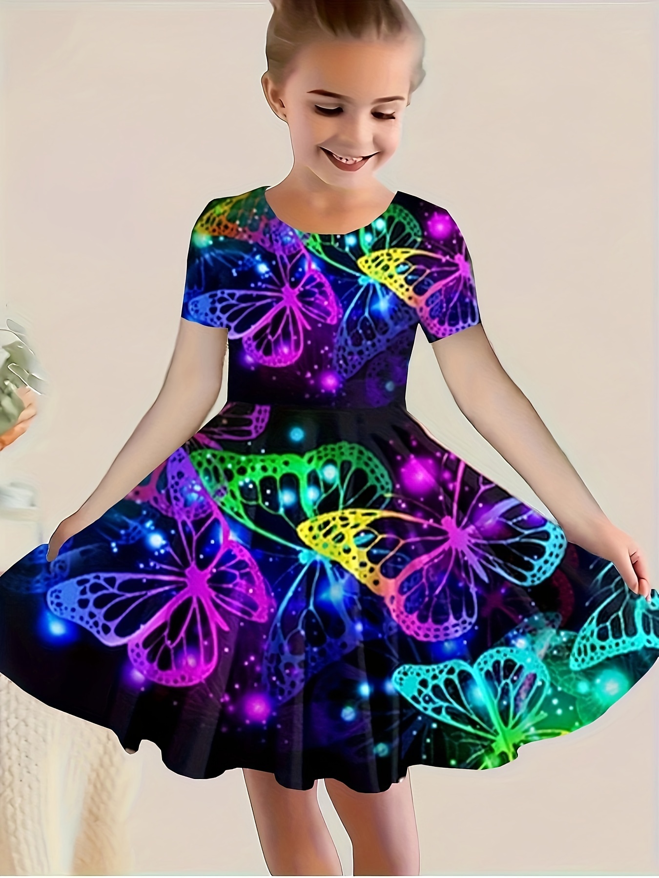 Girls Sleeveless Crew Neck Butterfly Graphic Tie Dye Dress Temu Canada