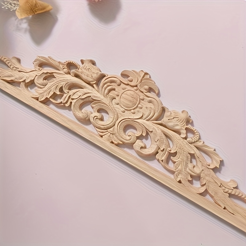 1pc Elegant Wood Carved Applique Trim - Unpainted Solid Wood Decorative Molding for Furniture, Cabinets, Beds & Wardrobes -   Decor with Floral and Leaf  , Wood Carving Decor