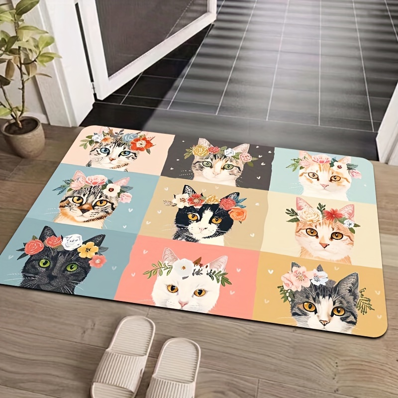 

Cartoon Cats & Floral Wreath Design Doormat - Machine Washable Polyester Rectangular Indoor Mat With Non-slip Pvc Backing For Bathroom, Kitchen, Entryway - Decorative Home Carpet, Easy Clean