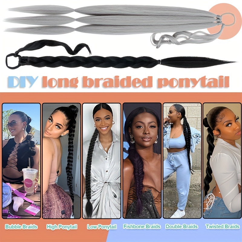 a 34 inch long braided ponytail hair extension with elastic band for a straight and smooth wrapped ponytail diy hairstyle details 7