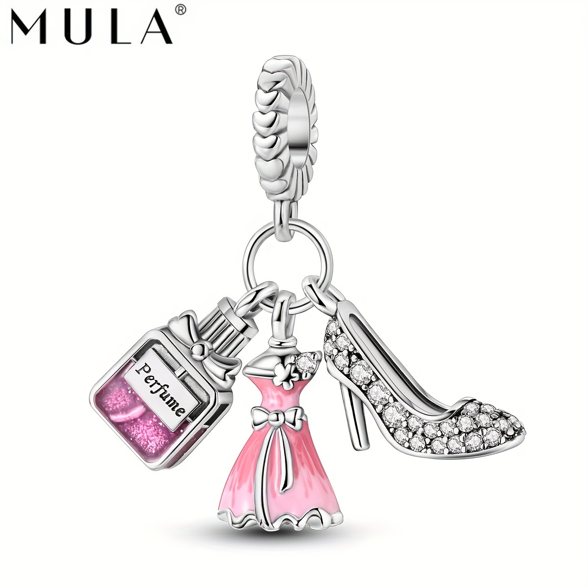 

1pc Mula 925 Silver Plated Copper Charm, Sparkling Zirconia Perfume Bottle & High Heel Shoe Pendant With Pink Enamel Detail, Fashionable Lady Dress Accessory For Making, Ideal Gift For Women, , Dress