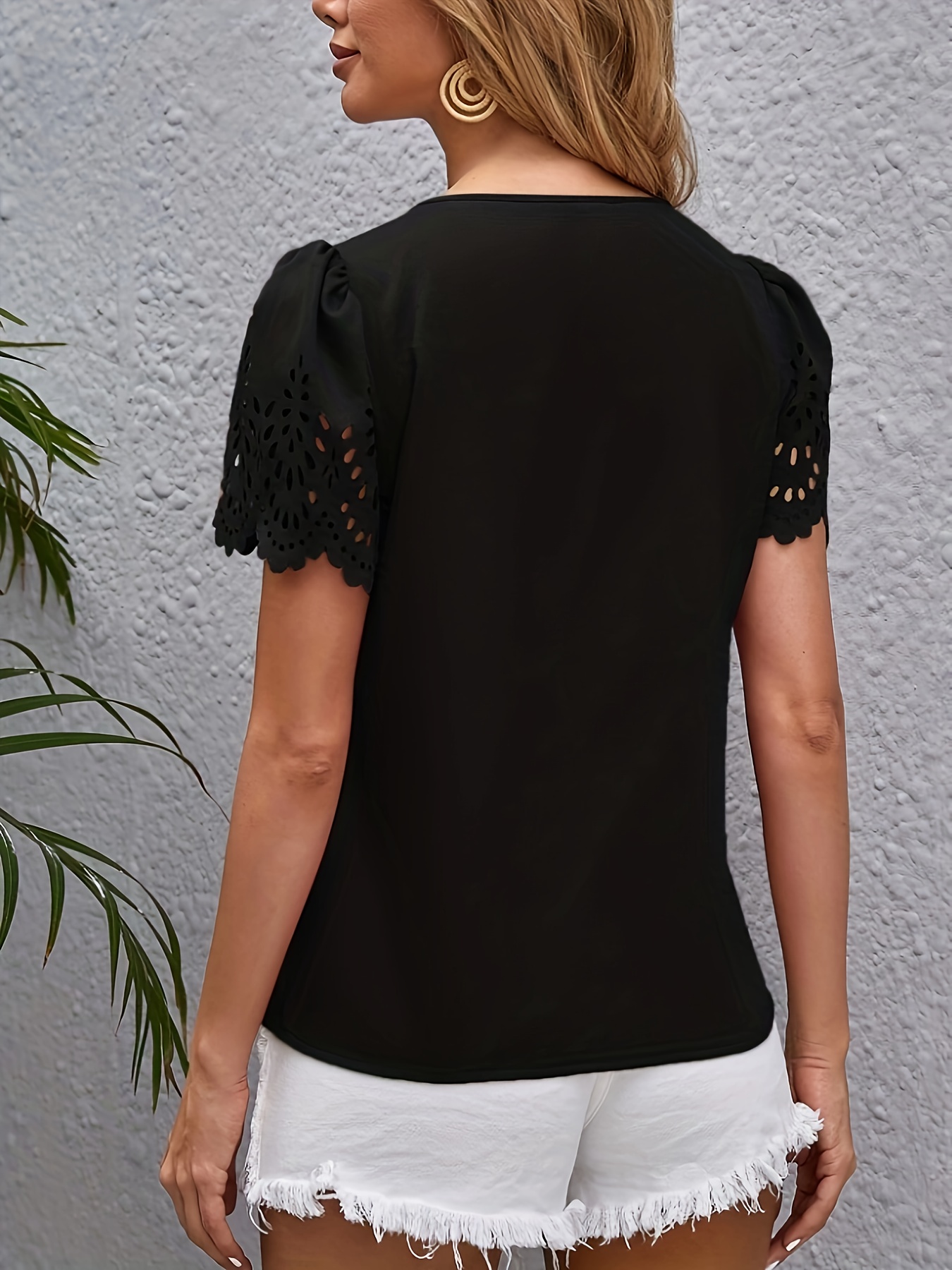 Elegant Casual Short-Sleeve Top for Women with Laser-Cut Scalloped Edges.
