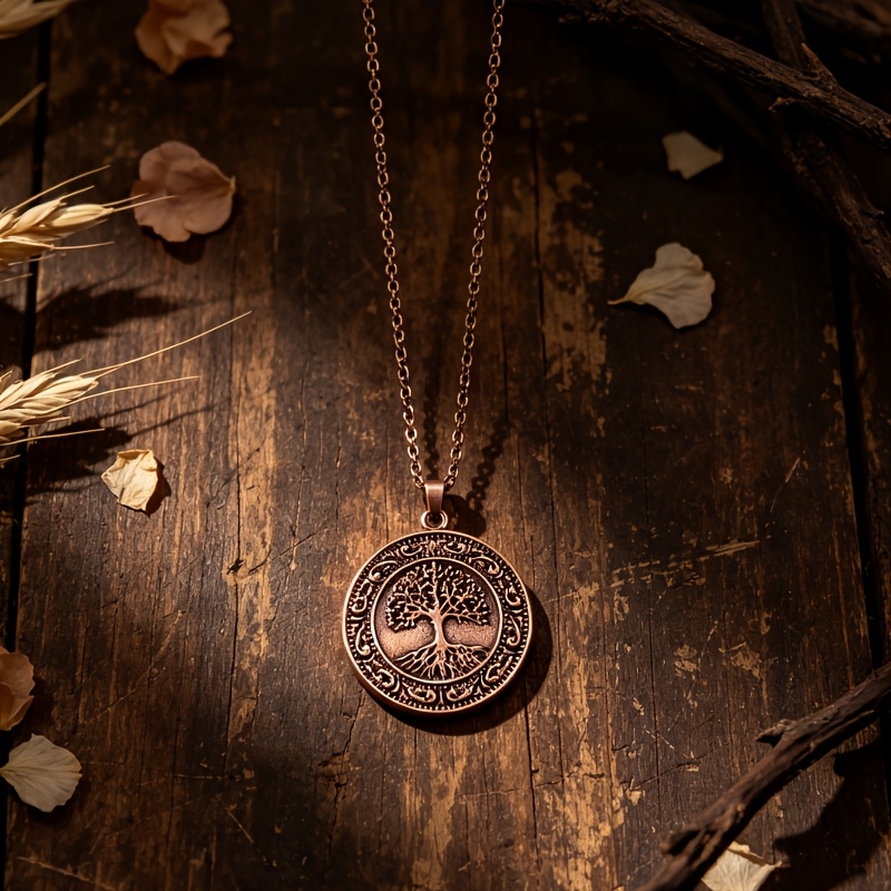 TEMU Pendentif Arbre de Vie en Cuivre Rouge Antique, Collier en Alliage de