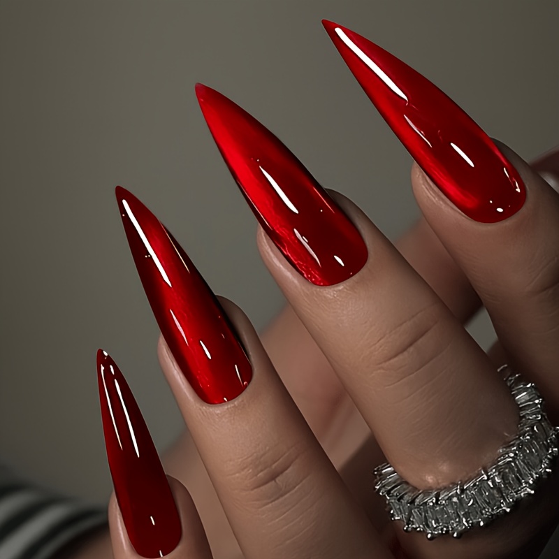 TEMU 48 stuks Glanzende Rode Nagel Tips, Lange Puntige Kunstnagels, Pure Rode Design Acryl Nagels, Herbruikbaar en Handig om te , Geschikt voor Dames