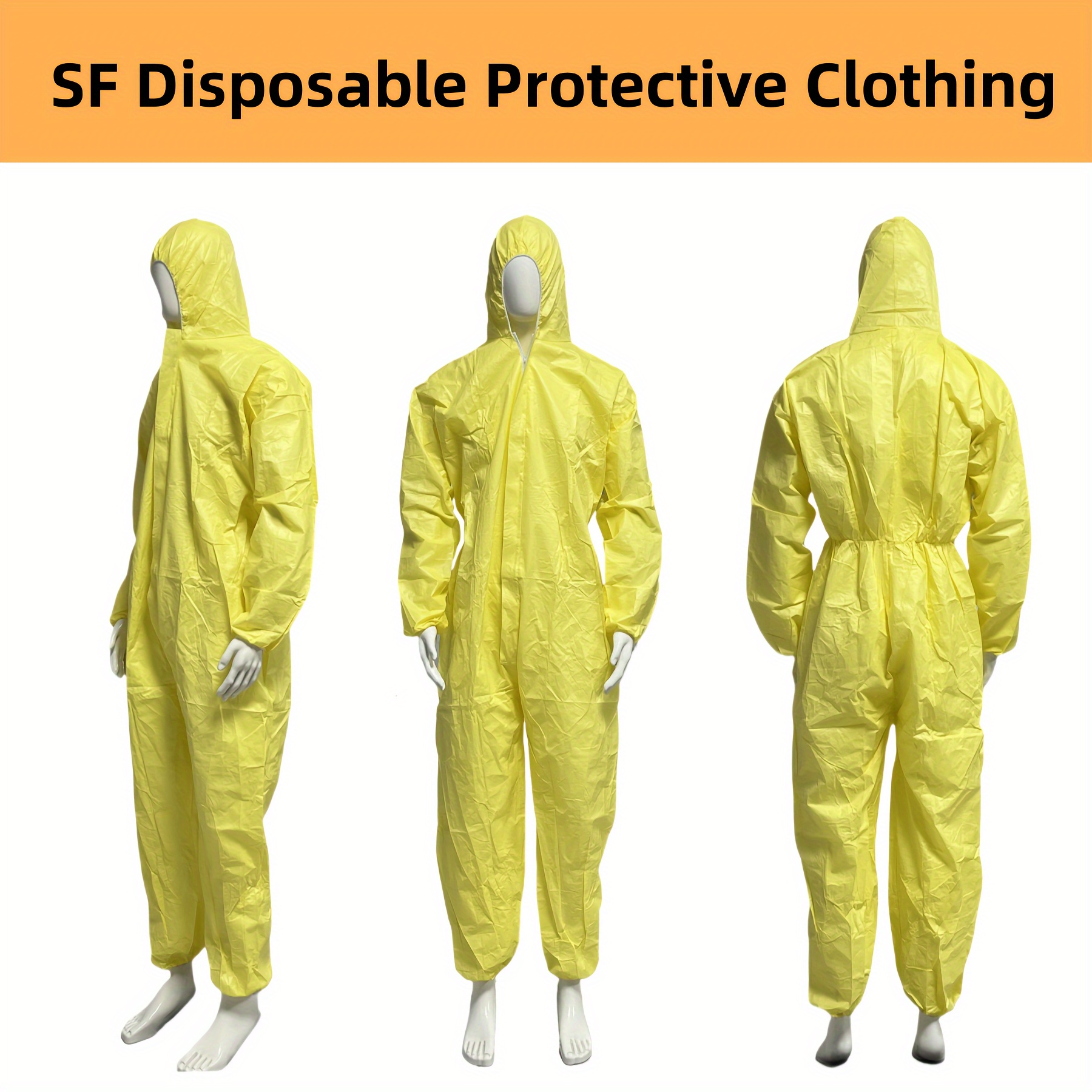 

Disposable Protective Workwear: Yellow Hazardous Material Suit With Hood And Zipper, Small Size Xl, Industrial Chemical Resistant, Polyvinyl Chloride (pvc) Fabric, Loose Fit