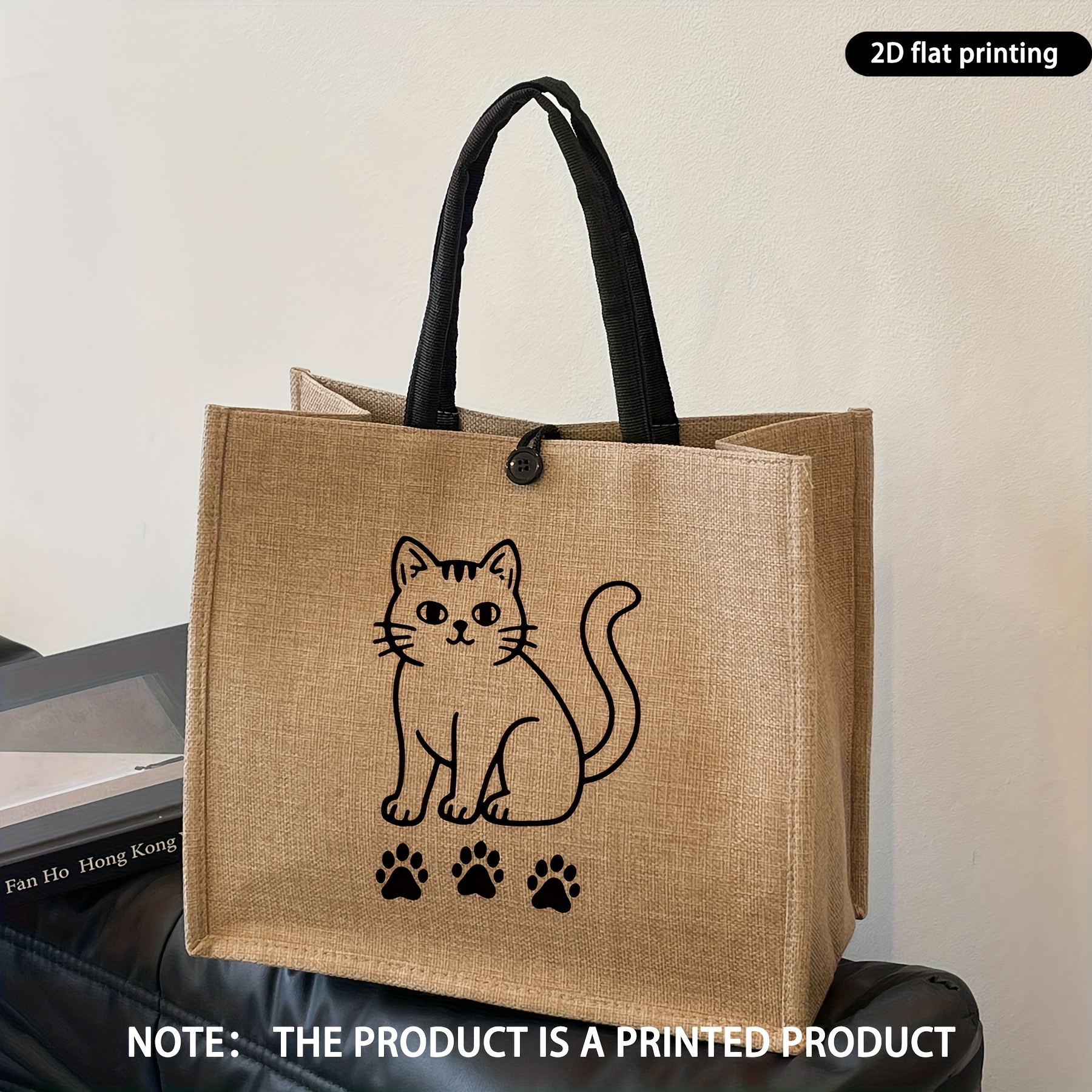 1pc   print tote bag durable burlap fabric with paw print design large capacity for everyday use travel college black handles button closure cat print bag
