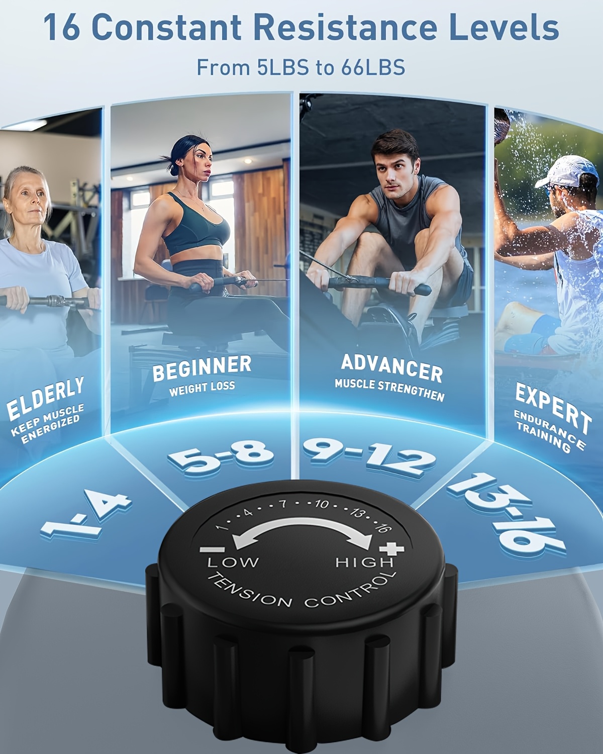 [Hartwares Magnetic Rower] Hartwares 66Lbs Magnetic Rowing Machine - 16 Levels Quiet Resistance, 350Lb Capacity, Body Shaping Machine for Home