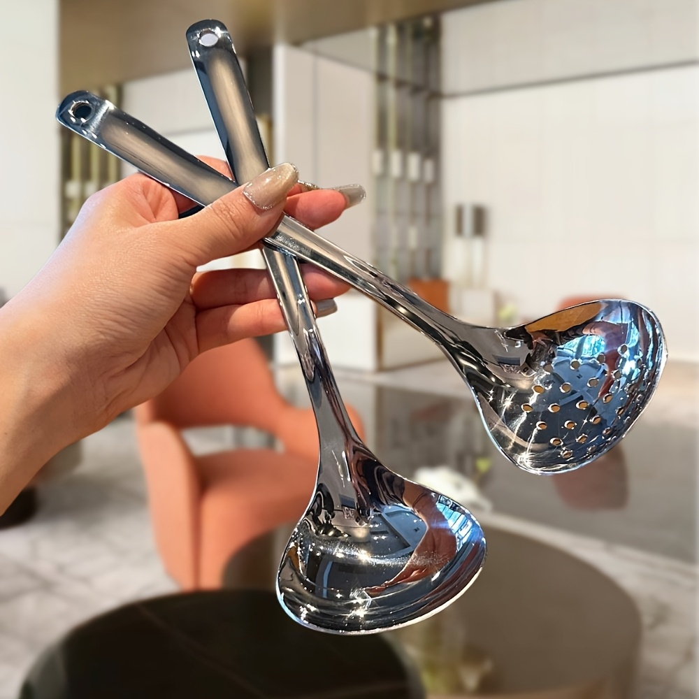 TEMU Set Of 2 Long-handled Stainless Steel Spoons, Suitable For Kitchen Use, Ideal For Family Dining And Hot Pot, Made From Durable Materials And Easy To