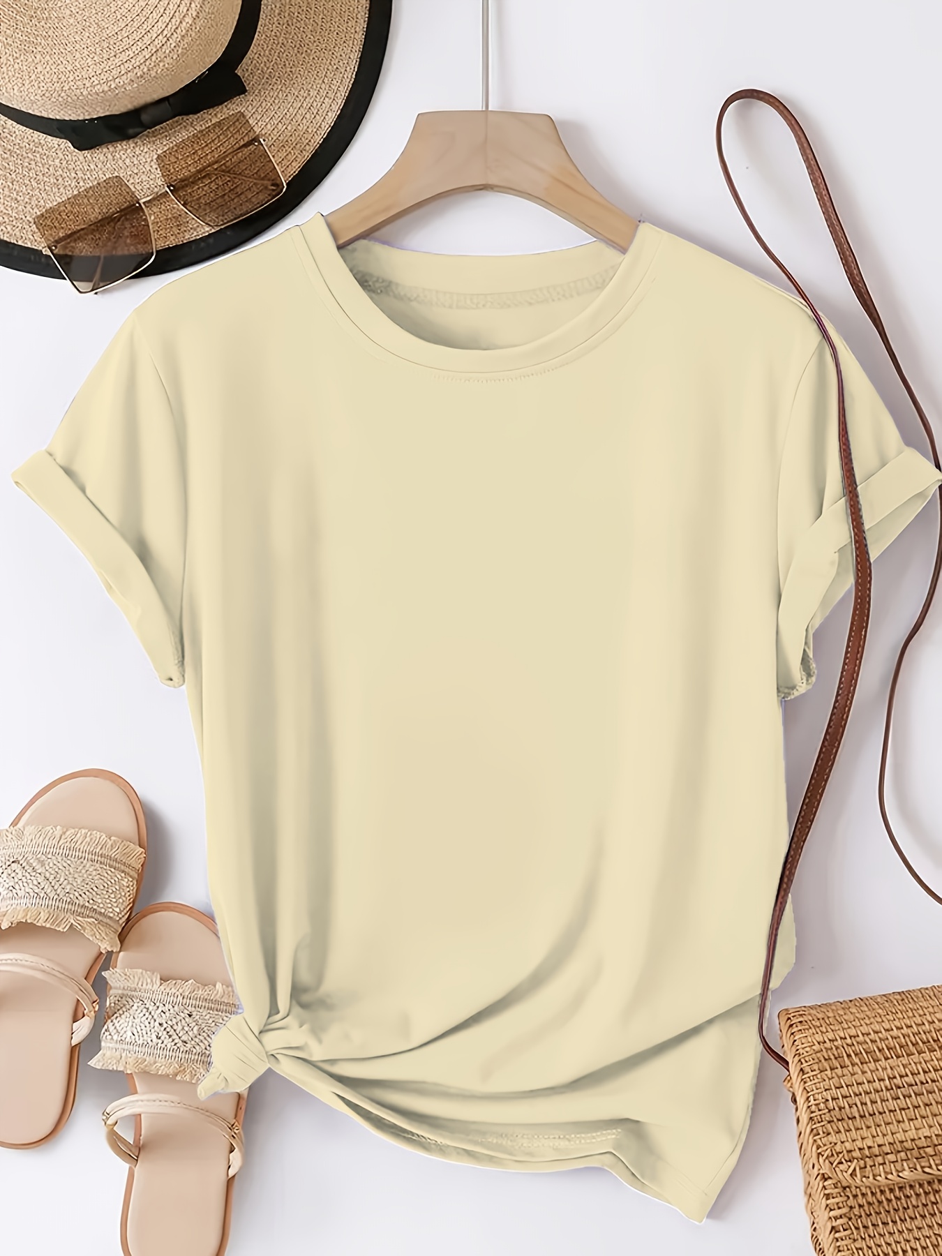 Solid Color Crew Neck T-Shirt, Casual Short Sleeve T-Shirt for Spring & Summer, Women's Clothing
