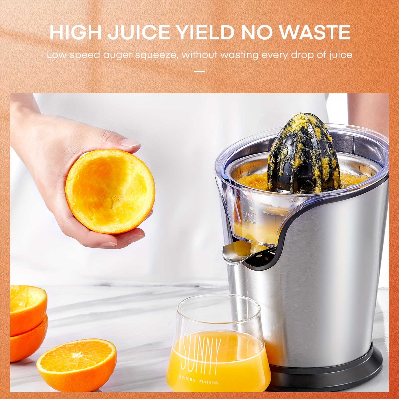 TEMU Espremedor de de laranja elétrico com dois cones intercambiáveis ​​adequados para laranja, limão e grapefruit, aço inoxidável escovado