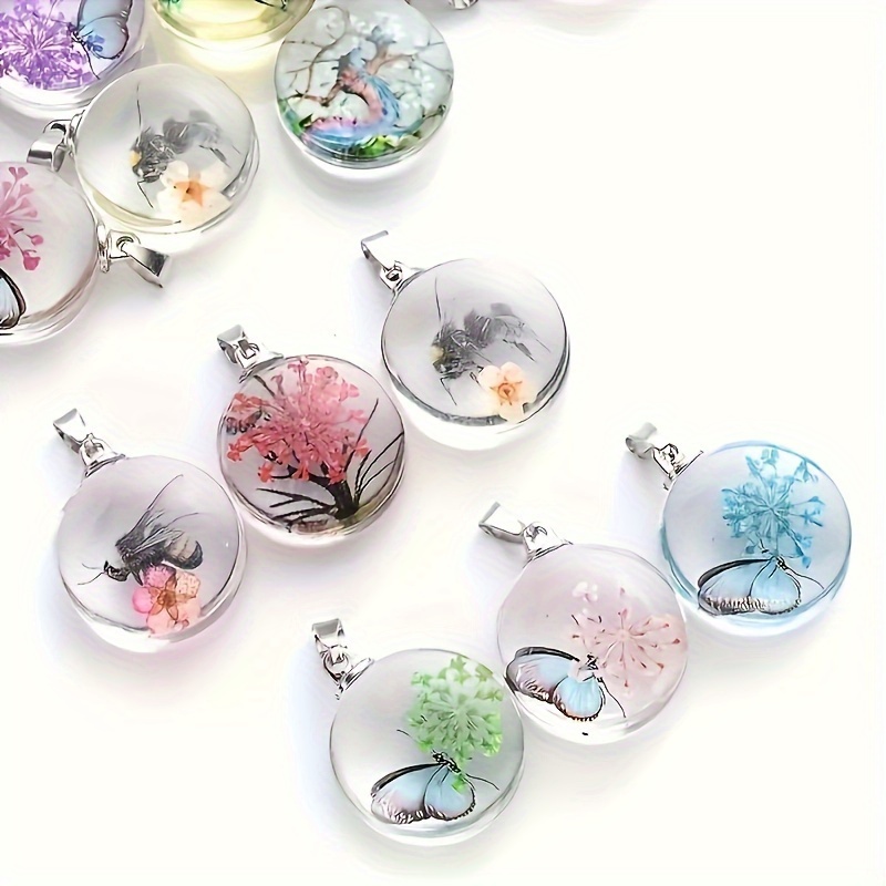 

6pcs 0.98inch Round Transparent Glass Dried Flower Pendants For Making - Elegant Necklace Ornaments And Handicraft Supplies