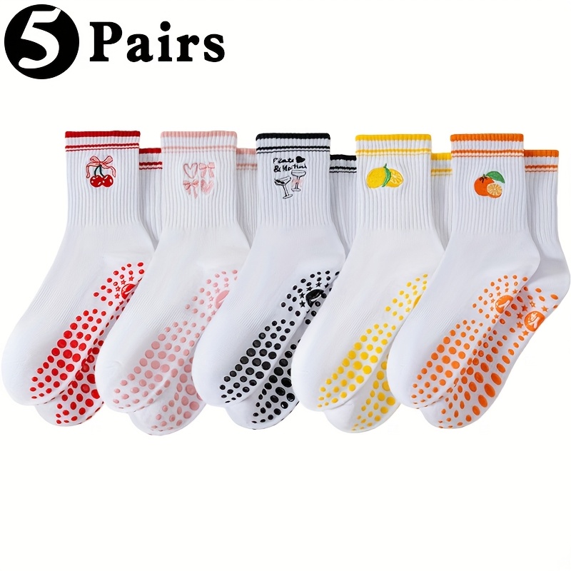 E-shop 5 Paar Damen High Ankle Yoga Socken mit Kirschstickerei | Rutschfest, Verschleißfest, Weich, Atmungsaktiv, Feuchtigkeitstransportierend,
