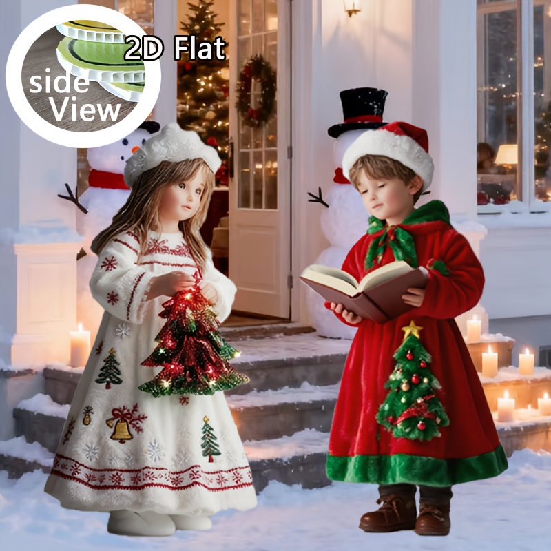 TEMU 2d Flat, 2pcs Set 2d Flat Christmas Lawn Decoration Kit With Doll-like Figures - Plastic Outdoor/ Yard Decor, Pole-mounted Snowflake & Holly