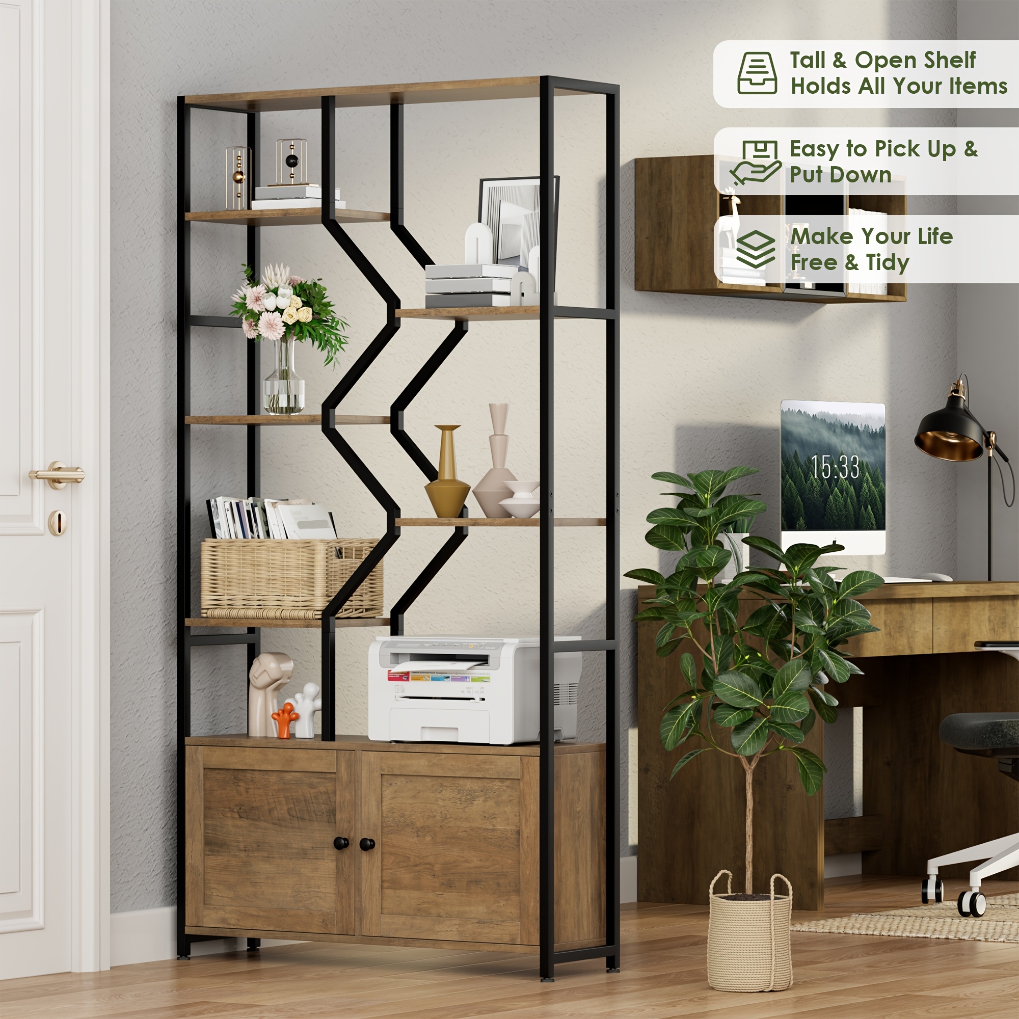 76'' Tall Industrial Bookshelf with Doors, Display Large Bookcase With Storage and Organization Cabinet, Unique Geometric Metal Frame Design, Sturdy Wooden Shelves, Organizer for Library, Living Room, Bedroom, Office, White and Golden/Brown and Black