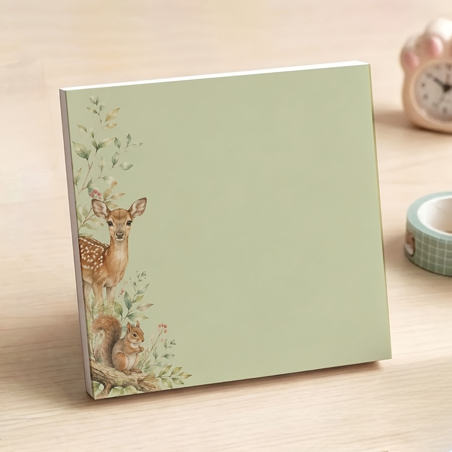 TEMU Cute Watercolor Deer And Squirrel Non-sticky Notepad, Woodland Animal Tear-off Memo Pad, Sage Green Blank For Office Desk Decor, School Supplies