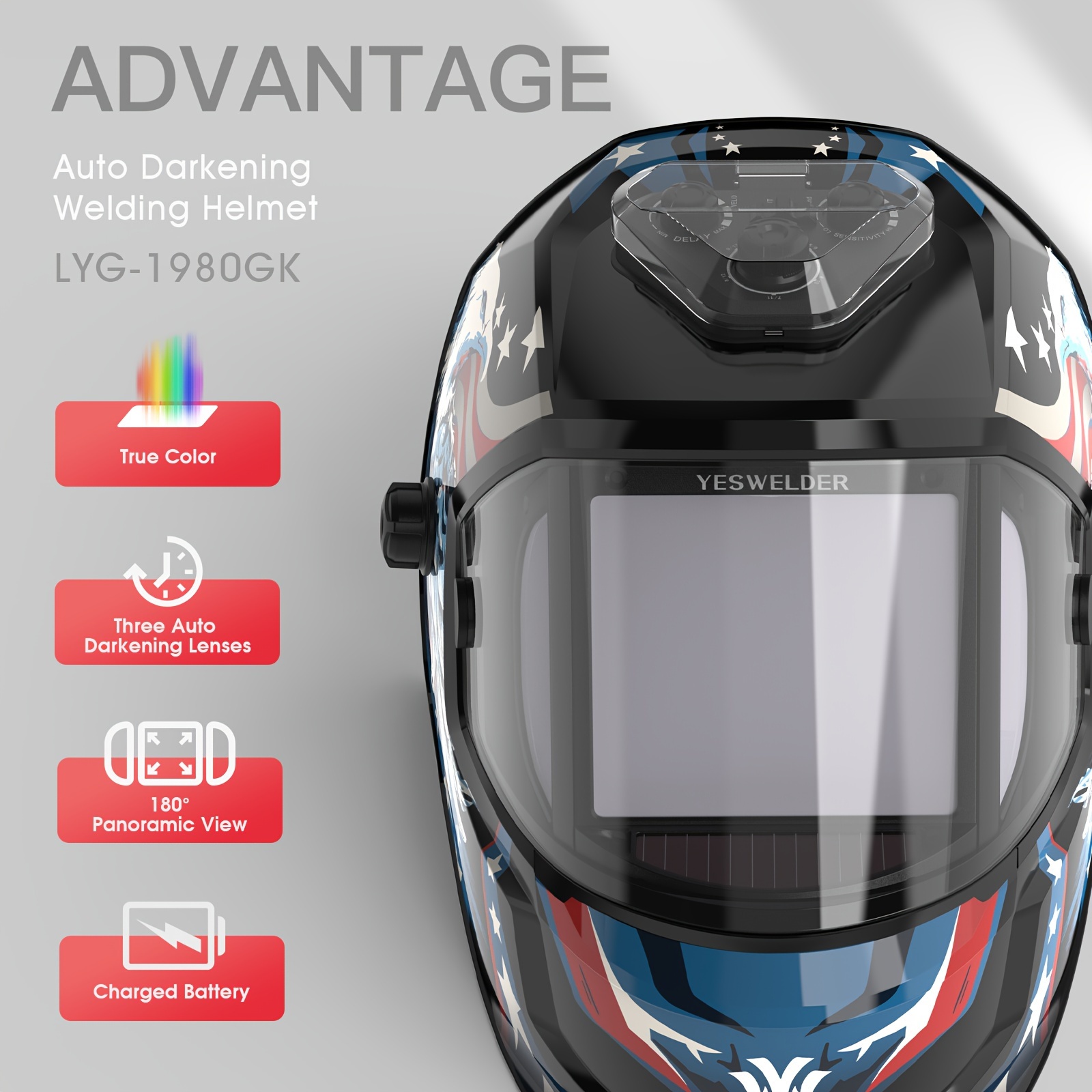 

Yeswelder View Auto Darkening Welding Helmet, Large Viewing 6 Arc Sensor Welder Mask