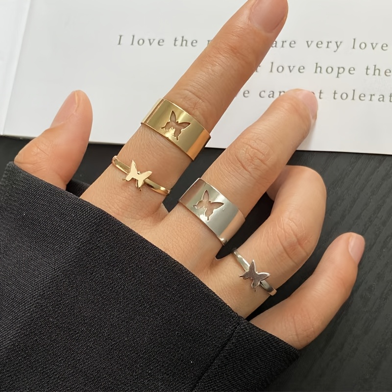 2pcs Boho Adjustable Open Ring Set Hollow Cutout Iron Couple Rings