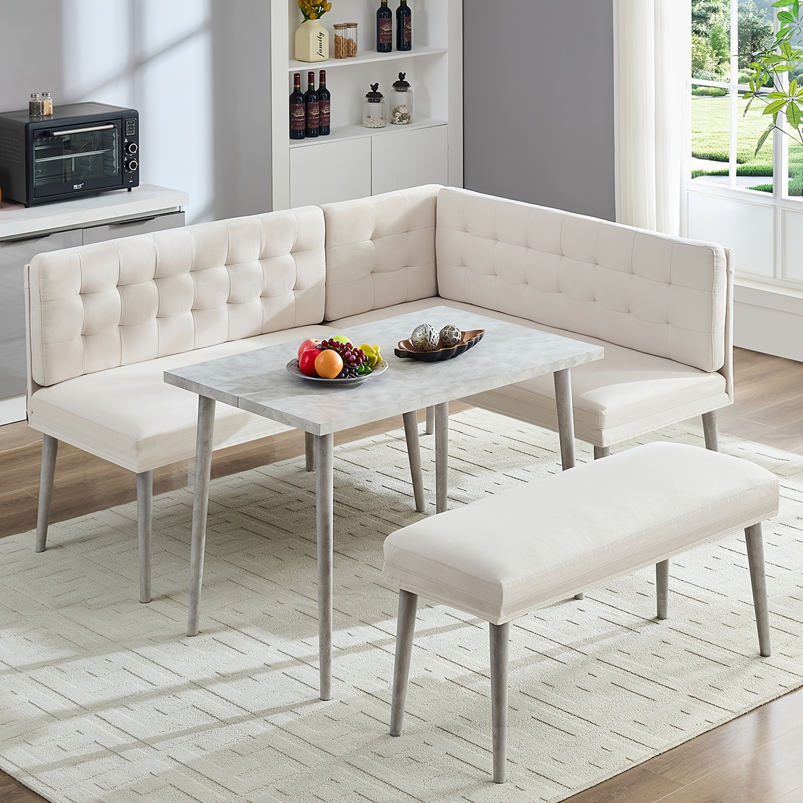 3pcs L-Shaped Dining Nook Set with Bench, Modern Space-Saving Corner Breakfast Nook with Tufted Sofa And Marble-Look Table for Small Kitchens