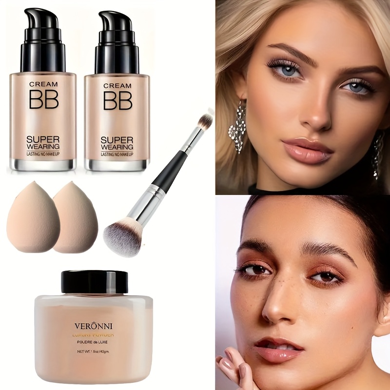 TEMU 2pcs Bb Cream And Setting Powder Set (includes Makeup Tools) Winter Concealer Transparent Oil-free Mattifying Setting Powder Long-lasting Wear Women's Make-up Set Gift