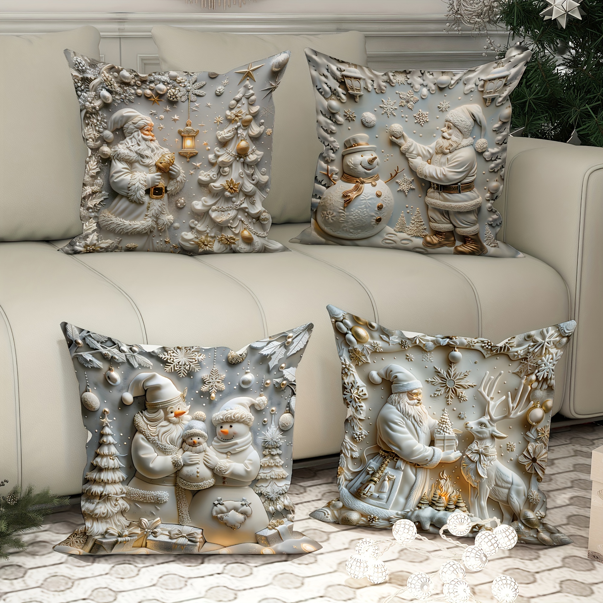 

A Set Of 4 Christmas Cushion Covers, Size 45*45cm, 3d Of Santa , Snowman, And , , , Washable, - Suitable For Sofa, Armchair And . Does Not .