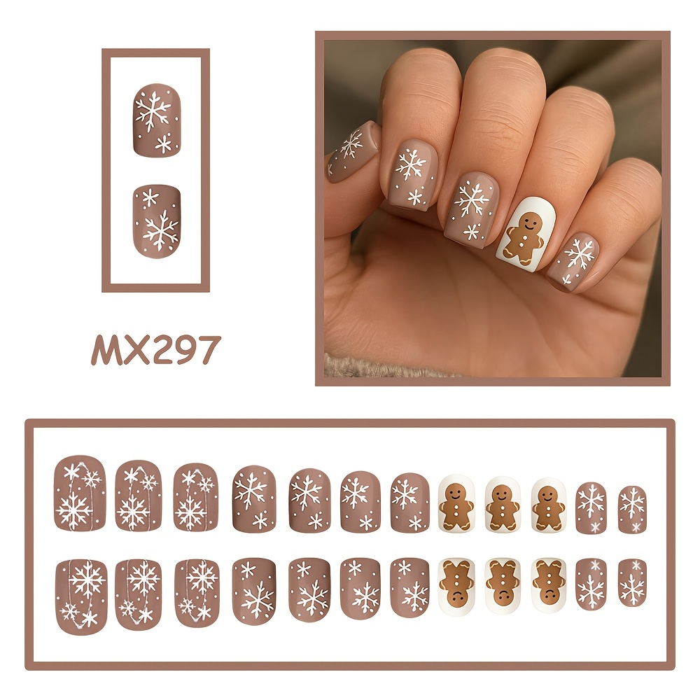TEMU 24pcs Nude Base Color Snowflake Gingerbread Man Short Square Fake Nails Beige Contrast Glossy Surface Nail Sheets Removable Nail Sheets Women's