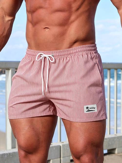 gestreifte sportshorts für herren mit seitentasche, atmungsaktive, schnelltrocknende sommer-shorts mit dreieckigem mesh-futter und palmen-webetikett