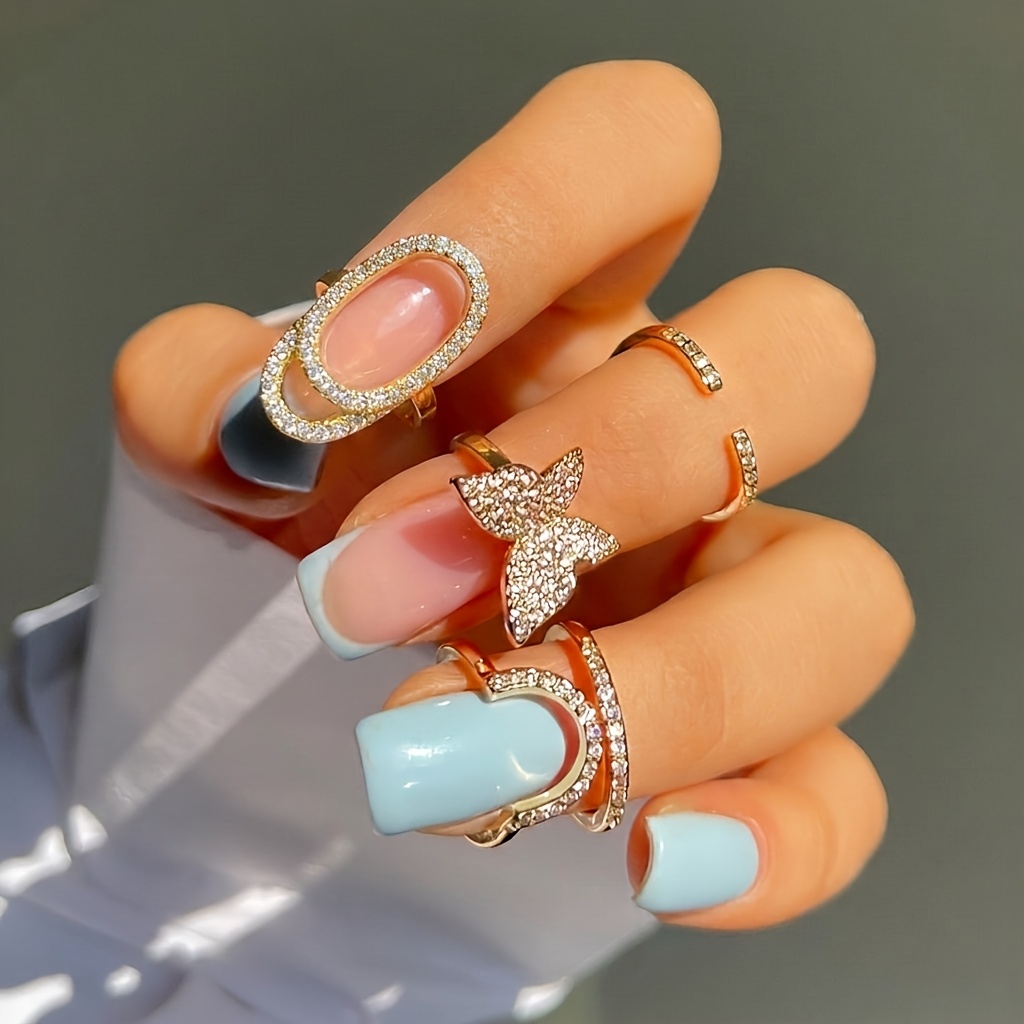TEMU 3 piezas Nuevas Anillos de Uñas con Zirconia Sintética Incrustada en Cobre, Anillos de Uñas Individuales para Mujer, Personal, Anillos de Uñas
